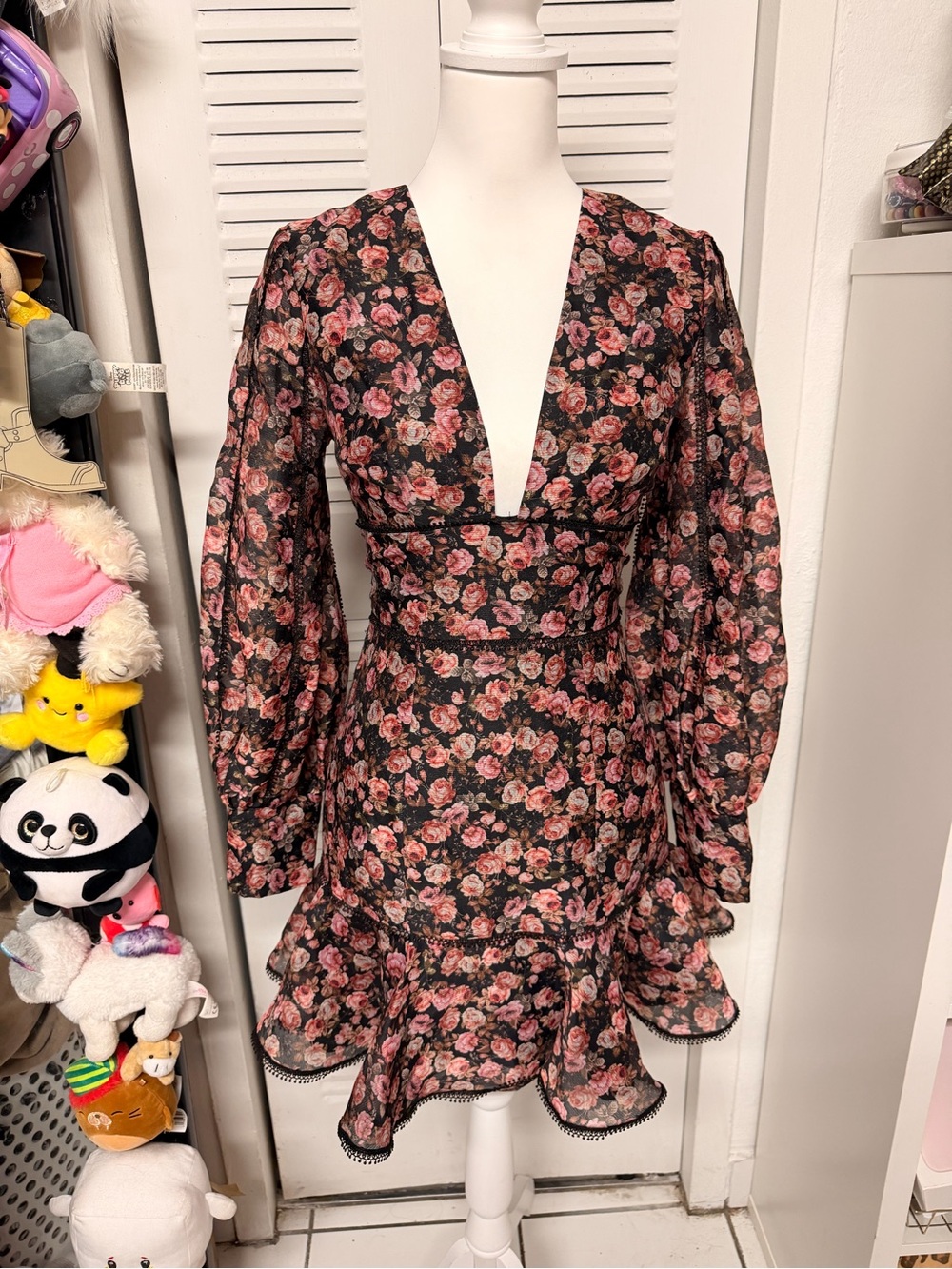 Keepsake Black Floral V-Neck Long Sleeve Mini Dress